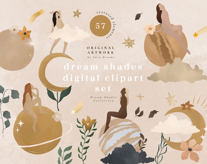 K&ouml;nnte beinhalten: Ein digitales Clipart-Set mit 57 Original-Artwork-Elementen. Das Set enth&auml;lt Illustrationen von Frauen, Monden, Planeten, Sternen und floralen Elementen in einem vertr&auml;umten, abstrakten Stil. Die Farben sind haupts&auml;chlich beige, braun und wei&szlig;.