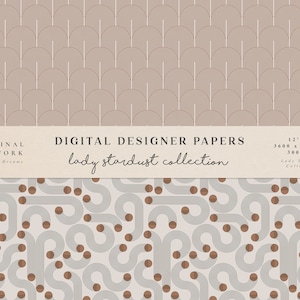 Puede incluir: Un patr&oacute;n de papel digital con un dise&ntilde;o geom&eacute;trico de l&iacute;neas curvas y c&iacute;rculos marrones y grises sobre un fondo marr&oacute;n claro. El texto "lady stardust collection" se muestra en una pancarta beige.