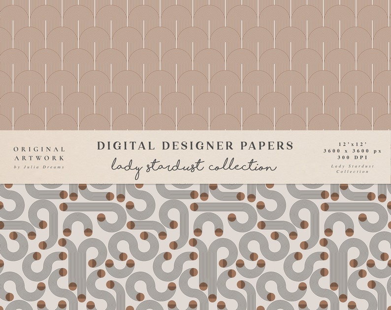 Puede incluir: Un patr&oacute;n de papel digital con un dise&ntilde;o geom&eacute;trico de l&iacute;neas curvas y c&iacute;rculos marrones y grises sobre un fondo marr&oacute;n claro. El texto "lady stardust collection" se muestra en una pancarta beige.