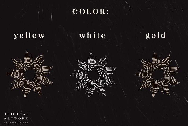 Op de afbeelding: Drie gestileerde zonnestralenontwerpen in geel, wit en goud. De tekst "COLOR:" verschijnt boven de ontwerpen, en de woorden "geel", "wit" en "goud" verschijnen boven elk ontwerp. De tekst "ORIGINAL ARTWORK by Julia Dreams" verschijnt onder de ontwerpen.