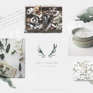 May include: A collection of branding elements for a family store called "Woodsfath". The logo features a pair of antlers in a light green color. The text "Woodsfath Family Store" is written in a cursive font. The image also includes a variety of other design elements, such as a watercolor background, a set of plates, and a patterned wrapping paper.