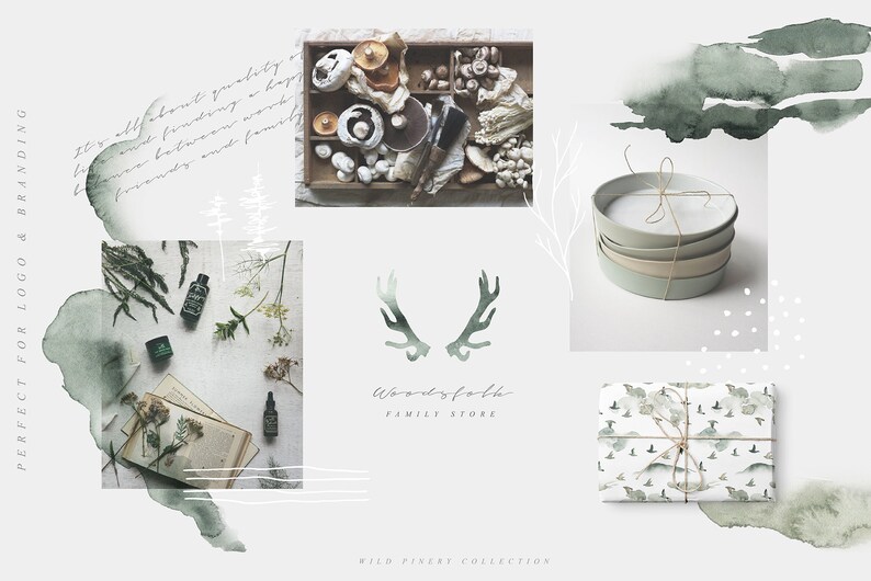 May include: A collection of branding elements for a family store called "Woodsfath". The logo features a pair of antlers in a light green color. The text "Woodsfath Family Store" is written in a cursive font. The image also includes a variety of other design elements, such as a watercolor background, a set of plates, and a patterned wrapping paper.