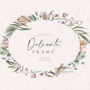 Delicate Watercolor Floral Frame - Digital Clipart - Individual PNG Files - Oval Wedding Wreath - Botanical - Personalized Invitation - Leaf
