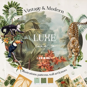 Jungle Luxe Acquerello Digital Clipart Set - Invito a nozze - Elementi floreali - Acquerello tropicale - Logo Leopard - Documenti digitali