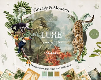Jungle Luxe Watercolor Digital Clipart Set - Wedding Invitation - Floral Elements - Watercolor Tropical - Logo Leopard - Digital Papers