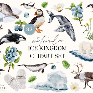 Ensemble de cliparts Royaume de glace aquarelle - animaux aquarelle numérique - décoration chambre d'enfant - éléments floraux - Logo aquarelle - hiver neige PNG