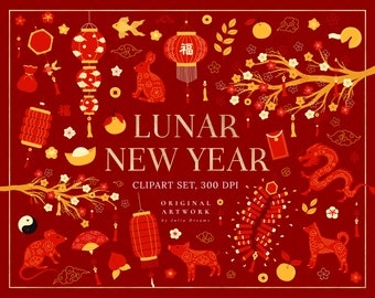 Lunar New Year Chinese Clipart Set - Svg Bundle Download - Instant Download - Invite Cards Wall Art - Animals Signs Red Gold Rabbit Digital