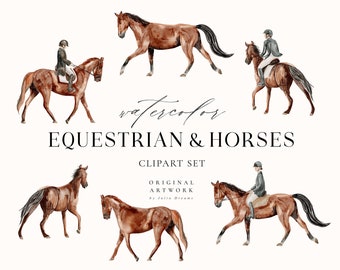 May include: Watercolor clipart set of equestrian riders and horses. The set includes six images of riders in various poses on brown horses. The images are painted in a realistic style with soft, muted colors.