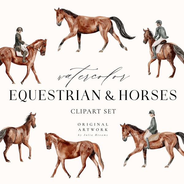 Equestrian Horses Watercolor Digital Clipart - Individual PNG Files - DIY Watercolor Cards Invitations Stickers Craft - Horse Riding