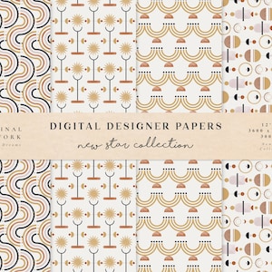 New Star Digital Paper - Modern Scrapbook Paper - Seamless Patterns - Digital Background - Printable Paper Set - Line Art - Sun - Circle Art