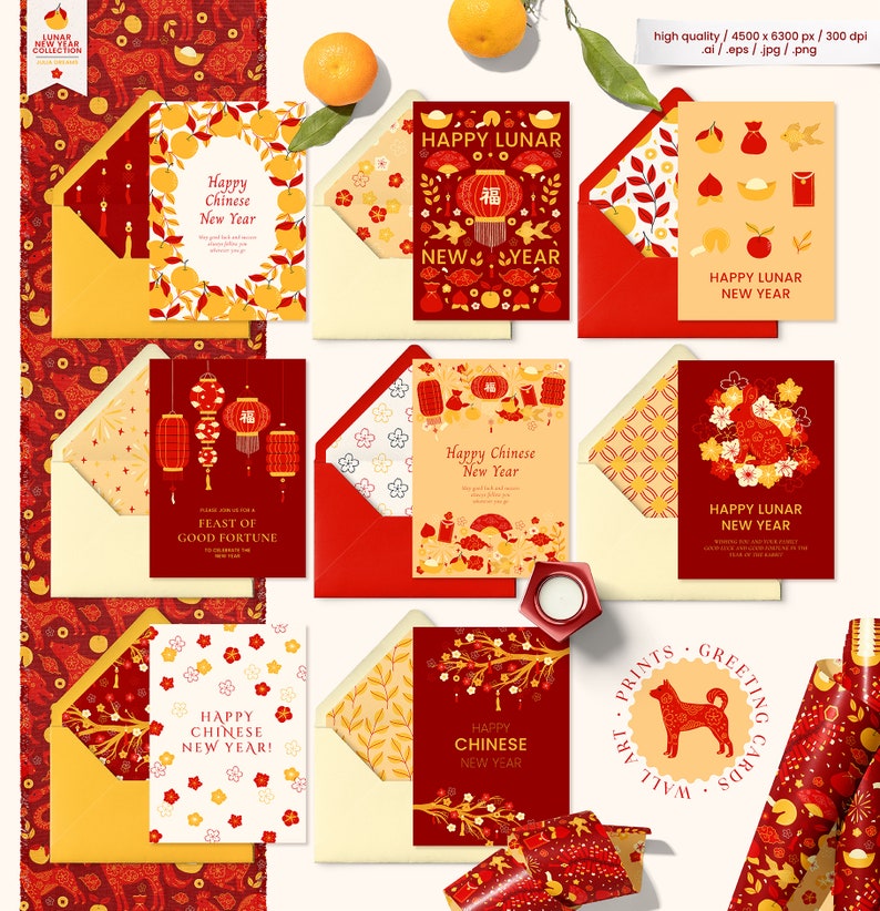 Lunar New Year Chinese Clipart Svg Bundle Download Digital Papers Instant Download Invite Cards Wall Art Animals Signs Red Gold image 5