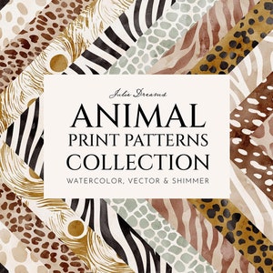 Coleção de padrões sem emenda de estampa animal - Papéis digitais em aquarela - Papel digital com estampa de leopardo, tigre, zebra, cervo, girafa, vaca