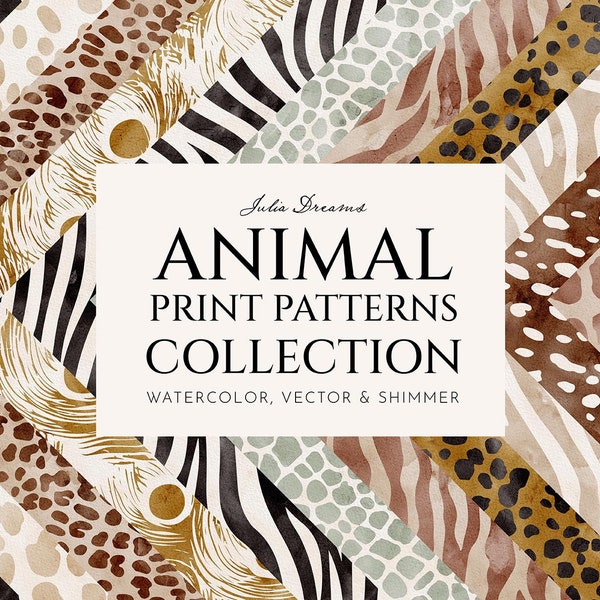 Animal Print Seamless Patterns Collection - Watercolor Digital Papers - Leopard, Tiger, Zebra, Deer, Giraffe, Cow Print Digital Paper