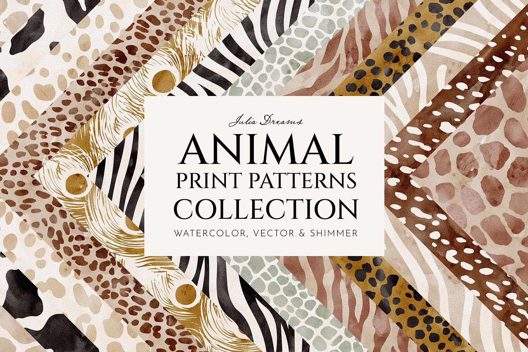 Collezione di modelli senza cuciture con stampa animalier - Carte digitali ad acquerello - Carta digitale con stampa leopardo, tigre, zebra, cervo, giraffa, mucca