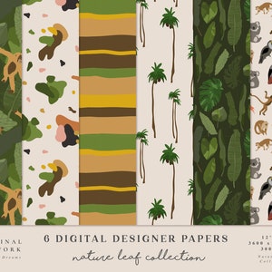 Puede incluir: Seis papeles digitales para diseñadores con patrones de hojas de la naturaleza. Los patrones incluyen monos, palmeras, formas abstractas y hojas tropicales en tonos de verde, marrón, amarillo y rosa. Los papeles miden 30,48 cm por 30,48 cm y 300 DPI.