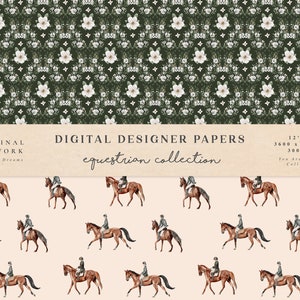 May include: Digital paper design featuring a repeating pattern of white flowers on a dark green background. The second image shows a repeating pattern of brown horses with riders on a light peach background. The text "DIGITAL DESIGNER PAPERS equestrian collection" is displayed on a brown banner.