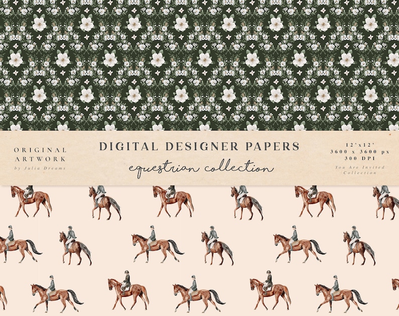 May include: Digital paper design featuring a repeating pattern of white flowers on a dark green background. The second image shows a repeating pattern of brown horses with riders on a light peach background. The text "DIGITAL DESIGNER PAPERS equestrian collection" is displayed on a brown banner.