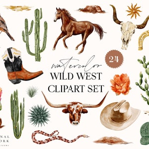 Acuarela Salvaje Oeste Digital Clipart Set - Occidental - Invitación de boda - Elementos florales - Logotipo de acuarela Caballo Vaquero Cactus Serpiente Flor