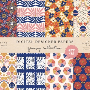 Antyczne papiery cyfrowe - do użytku komercyjnego - papier do scrapbookingu - bezszwowy wzór - papier designerski - tło - wazon z lat 70. w kształcie kwiatu w stylu vintage z tygrysem