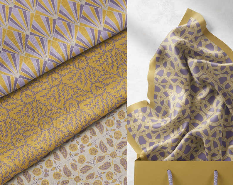 May include: A set of four fabric swatches with different geometric and floral patterns in shades of yellow and purple. The fabrics are folded and arranged on a white background.