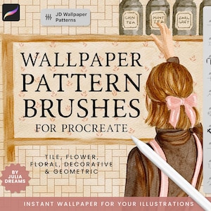 May include: Watercolor illustration of wallpaper pattern brushes for Procreate. The image features a woman with a pink bow, a stylus, and various pattern examples. Text includes "Wallpaper Pattern Brushes for Procreate" and "Tile, Flower, Floral, Decorative & Geometric."