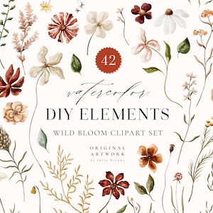 Wilde Blüte Aquarell Digital Clipart Set - Individuelle PNG Dateien - Hochzeit - Florale Elemente - DIY Blumen - Aquarell Wildblumen - Wiese