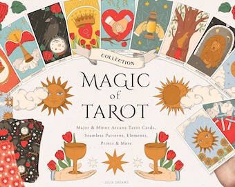 Könnte beinhalten: Eine Sammlung von Tarotkarten mit bunten Illustrationen, darunter Die Liebenden, Der Gehängte, Stärke und Das Rad des Schicksals. Die Karten sind in einem Kreis um den Text "MAGIC of TAROT" und die Worte "Major & Minor Arcana Tarot Cards, Seamless Patterns, Elements, Prints & More" angeordnet.