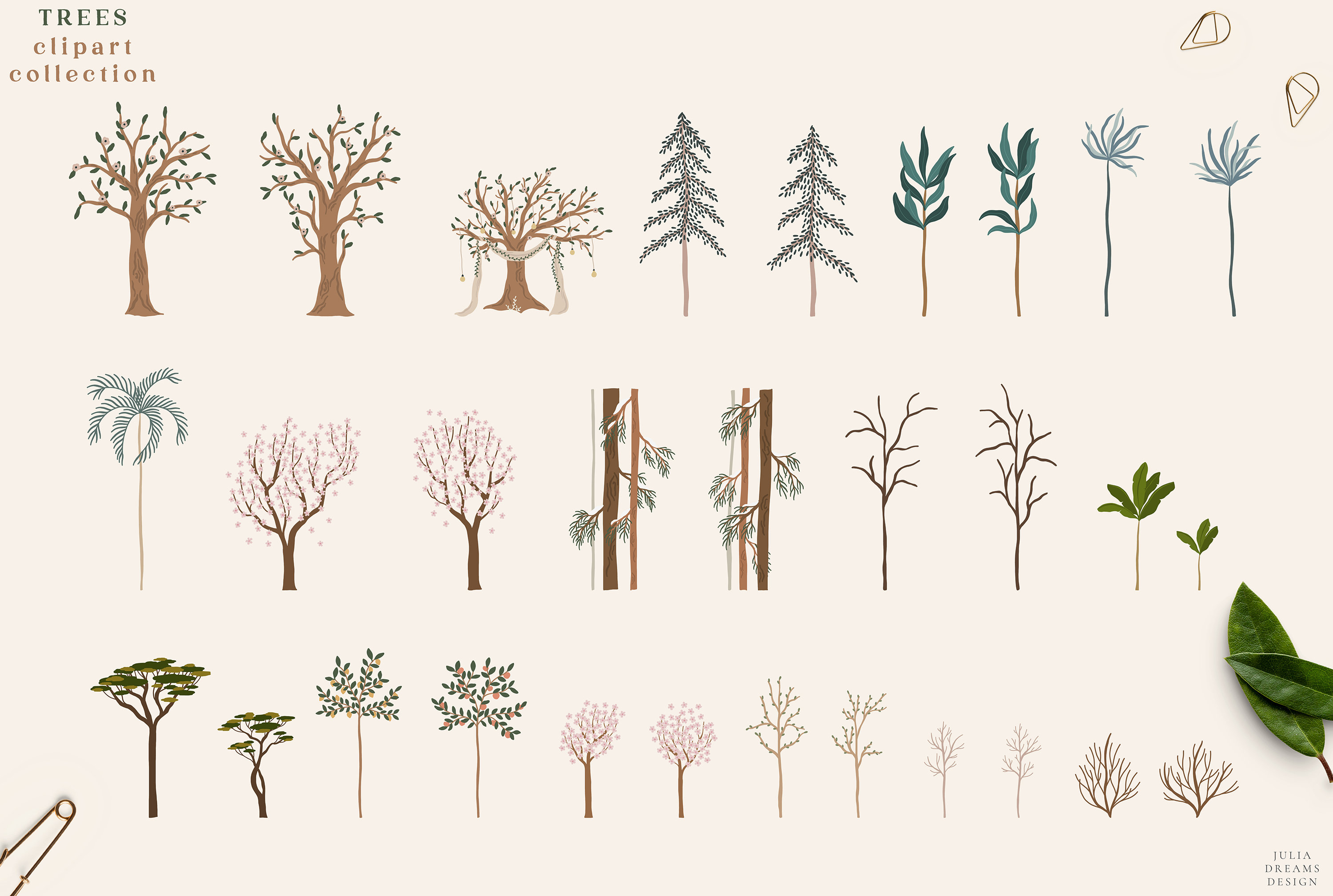 Trees Clipart Set Hand Drawn Tree Digital PNG Vector | Etsy