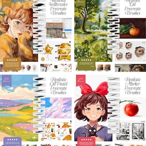 Peut inclure: Quatre ensembles de pinceaux d'art num&eacute;rique pour Procreate, comprenant des pinceaux aquarelle, huile, pastel &agrave; l'huile et marqueur. Chaque ensemble comprend une vari&eacute;t&eacute; de traits de pinceau et de textures, avec des exemples d'&oelig;uvres d'art cr&eacute;&eacute;es &agrave; l'aide des pinceaux.
