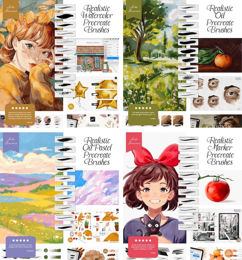 Peut inclure: Quatre ensembles de pinceaux d'art num&eacute;rique pour Procreate, comprenant des pinceaux aquarelle, huile, pastel &agrave; l'huile et marqueur. Chaque ensemble comprend une vari&eacute;t&eacute; de traits de pinceau et de textures, avec des exemples d'&oelig;uvres d'art cr&eacute;&eacute;es &agrave; l'aide des pinceaux.