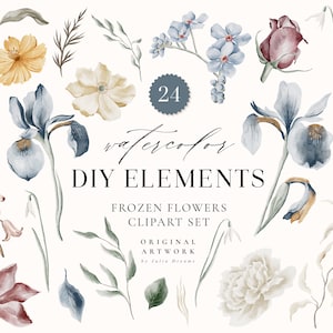 Frozen Flowers Aquarell Digitale Clipart - individuelle PNG Dateien - Hochzeit - Floral Elemente - DIY Blumen - Aquarell Iris Wildblumen
