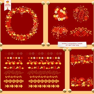 Lunar New Year Chinese Clipart Svg Bundle Download Digital Papers Instant Download Invite Cards Wall Art Animals Signs Red Gold image 7