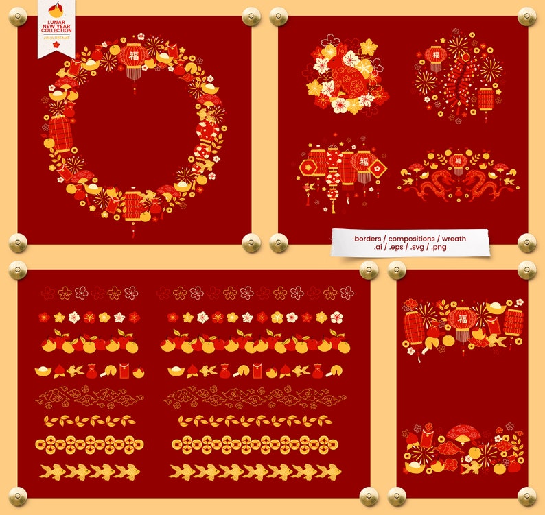 Lunar New Year Chinese Clipart Svg Bundle Download Digital Papers Instant Download Invite Cards Wall Art Animals Signs Red Gold image 7