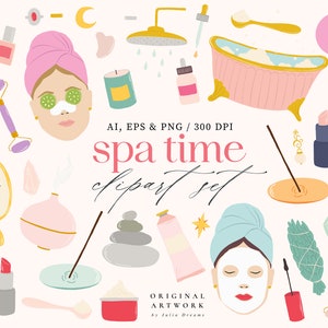Spa Time Digitale Clipart Set - Self Care Clipart - Schoonheidskunst - Individuele PNG Bestanden Logo Elementen - Vrouw - Digitale Planner Stickers