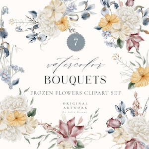 May include: A set of 7 watercolor bouquets featuring frozen flowers in shades of blue, white, yellow, and pink. The bouquets are arranged in a circular pattern and are perfect for adding a touch of elegance to any project.