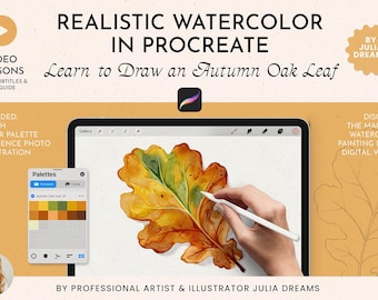 May include: A digital illustration tutorial for drawing a realistic watercolor autumn oak leaf in Procreate. The tutorial includes video lessons, a color palette, a reference photo, and a sketch.