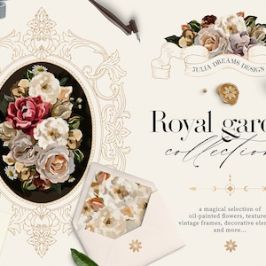 Royal Garden Digital Clipart - Olie Clip Art - Barokke Stijl - Logo PNG Elementen - Bruiloft Branding Digital Papers - Bloemen Frames Goud