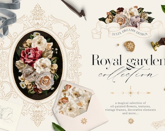 Royal Garden Digital Clipart - Öl Clip Art - Barock Stil - Logo PNG Elements - Hochzeit Branding Digitale Papiere - Blumen Rahmen Gold