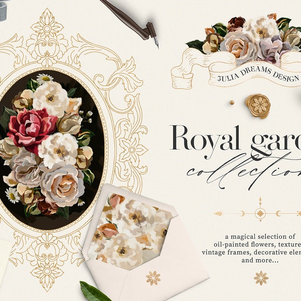 Royal Garden Digital Clipart - Oil Clip Art - Baroque Style - Logo PNG Elements - Wedding Branding Digital Papers - Flowers Frames Gold