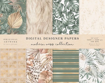 May include: A set of 10 digital paper designs featuring a modern oasis theme. The papers include patterns of palm leaves, gold accents, and abstract shapes in shades of green, beige, and white. The papers are 12" x 12" and 300 DPI.