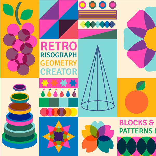 Retro Risograph Geometry Creator - 2000s 90s Y2K - Logo Digital Clipart - Printable Wall Art - SVG PNG Digital Papers - Geometric Flowers