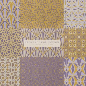 May include: A set of nine digital seamless patterns in a purple and gold color scheme. The patterns feature geometric shapes, floral motifs, and abstract designs. The text "Provence Collection" and "10 lush patterns by Julia Dreams" is included in the image.