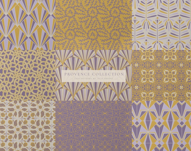 May include: A set of nine digital seamless patterns in a purple and gold color scheme. The patterns feature geometric shapes, floral motifs, and abstract designs. The text "Provence Collection" and "10 lush patterns by Julia Dreams" is included in the image.