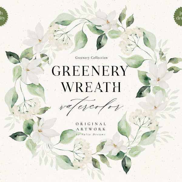 Watercolor Greenery Wreath - Green Leaves - Digital Clipart - Individual PNG Files - Wedding Design - Botanical Flowers Frame - Logo Leaf