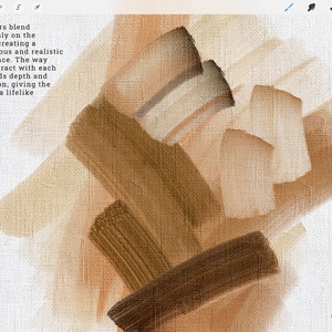 May include: Abstract painting with brown, beige, and tan brushstrokes on a canvas background. The text "REALISTIC OIL BRUSHES FOR PROCREATE" is in the lower right corner.