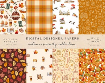 May include: A set of 12x12 inch digital papers featuring autumn-themed patterns. The patterns include leaves, plaid, pumpkins, mushrooms, and a cozy cabin. The text "autumn serenity collection" is displayed on the image.