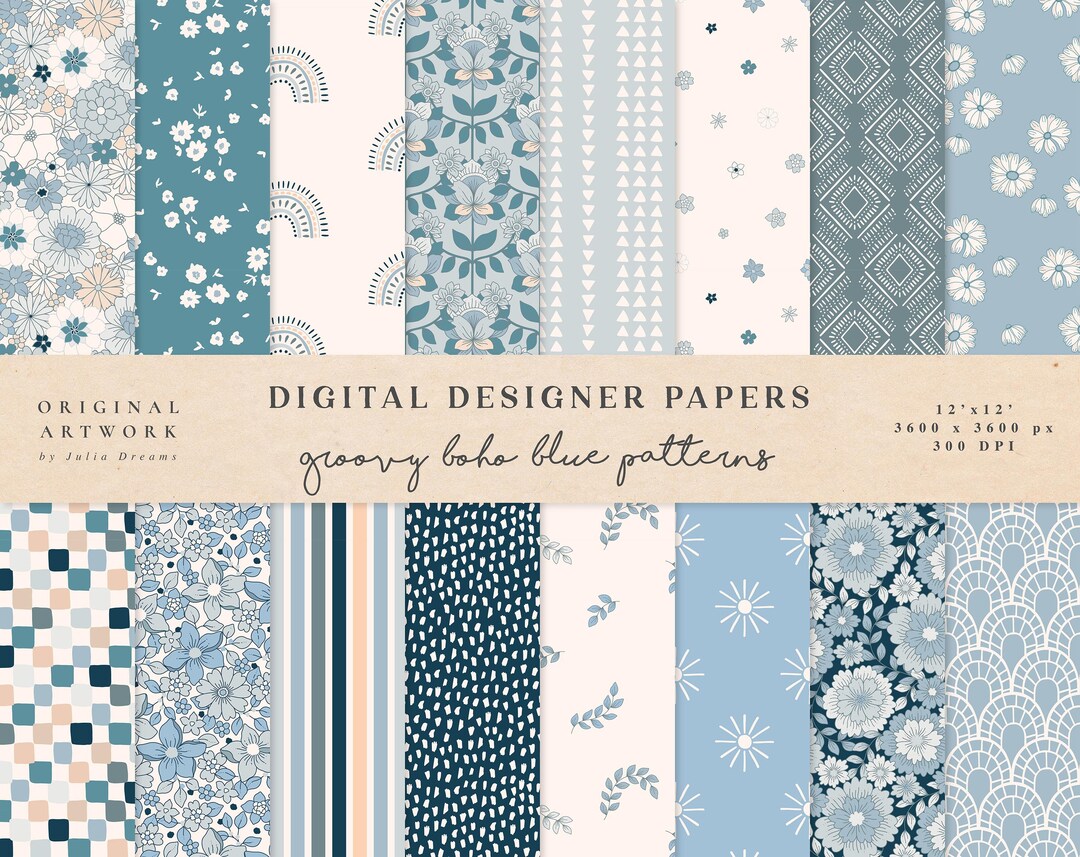 Groovy Boho Blue Digital Papers - Commercial Use - Scrapbook Paper ...