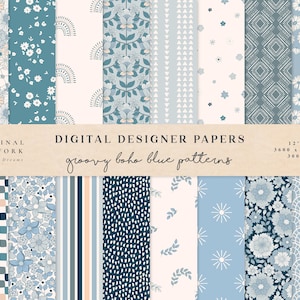 Groovy Boho Blau Digitale Papiere - Kommerzielle Nutzung - Scrapbook Papier - Nahtloses Muster - Blaues Papier - Regenbogen 70s Baby Boy Shower