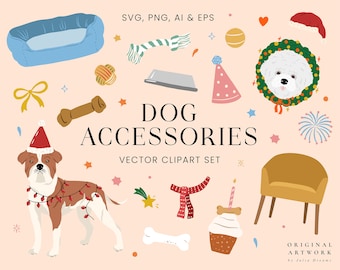 Hunde Zubehör - Vektor Clipart Set - Hunderassen - Weihnachten Halloween Geburtstag Dekoration - PNG SVG - Süße Tiere Haustiere Portrait Welpe