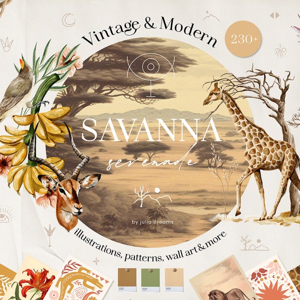 Savanna Serenade Watercolor Digital Clipart Set - Wedding Invitation - Floral Elements - Watercolor Safari Baby Shower - Digital Papers Logo